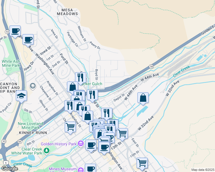 map of restaurants, bars, coffee shops, grocery stores, and more near 321 Sunshine Parkway in Golden