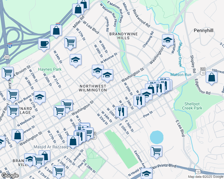 map of restaurants, bars, coffee shops, grocery stores, and more near 3622 Washington Street in Wilmington