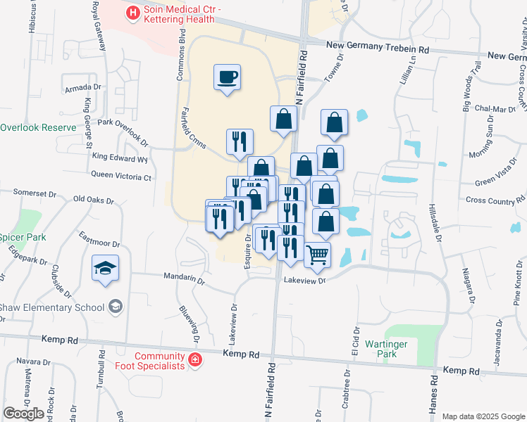 map of restaurants, bars, coffee shops, grocery stores, and more near 2476 Commons Boulevard in Beavercreek