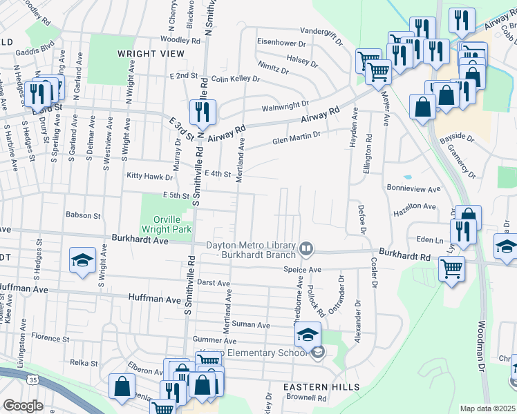 map of restaurants, bars, coffee shops, grocery stores, and more near 151 Big Pine Road in Dayton