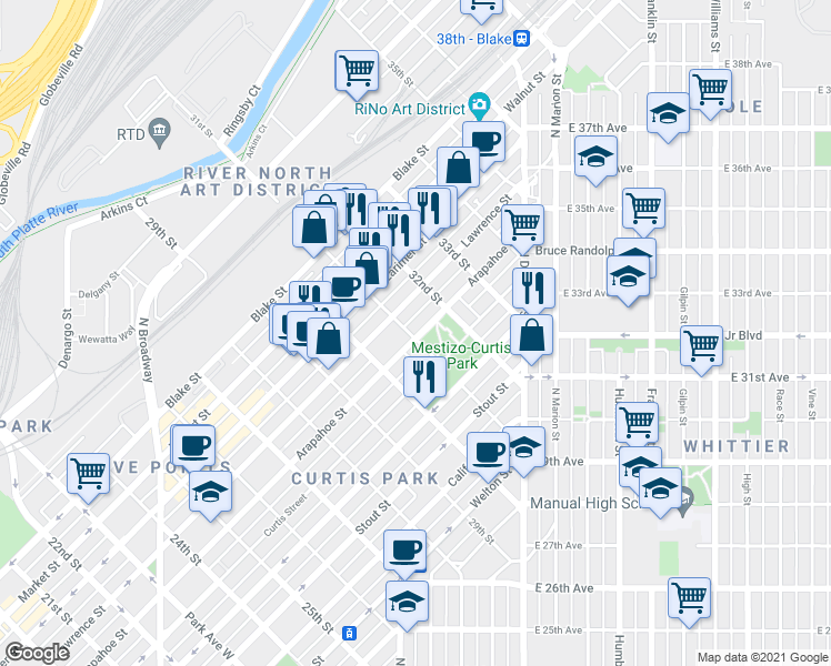 map of restaurants, bars, coffee shops, grocery stores, and more near 1125 31st Street in Denver