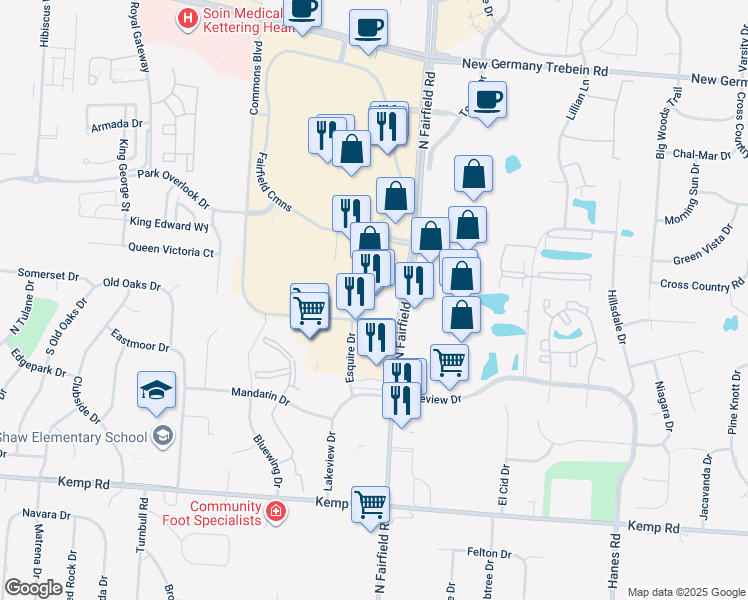 map of restaurants, bars, coffee shops, grocery stores, and more near 2476 Commons Boulevard in Beavercreek