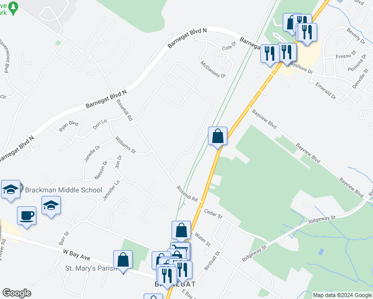 map of restaurants, bars, coffee shops, grocery stores, and more near 306 Hawthorne Lane in Barnegat Township
