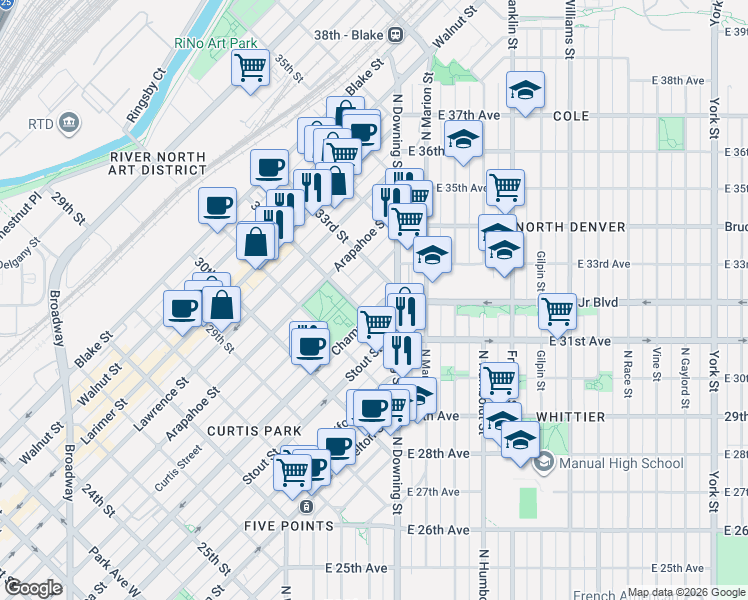 map of restaurants, bars, coffee shops, grocery stores, and more near 3225 Champa Street in Denver
