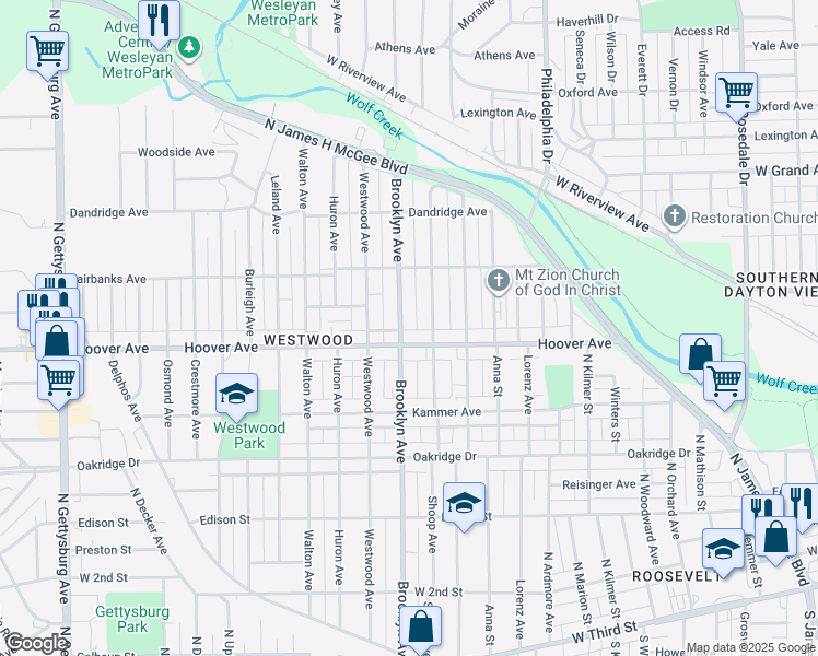 map of restaurants, bars, coffee shops, grocery stores, and more near 612 Brooklyn Ave in Dayton