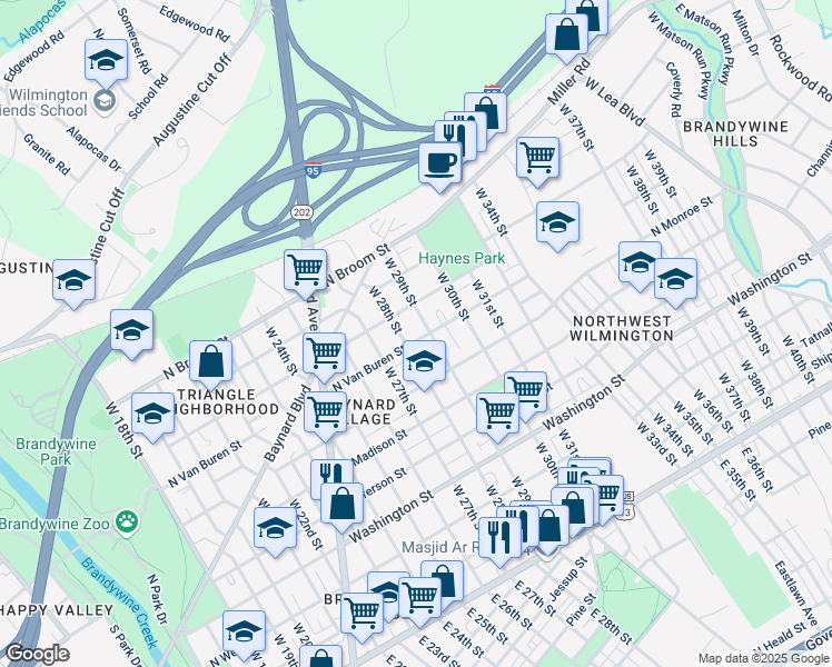 map of restaurants, bars, coffee shops, grocery stores, and more near 2801 North Van Buren Street in Wilmington