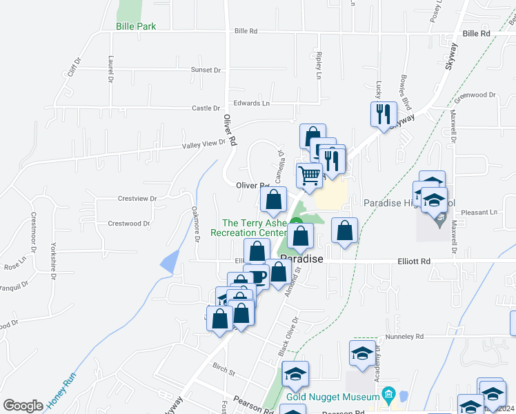 map of restaurants, bars, coffee shops, grocery stores, and more near 5948 Selby Lane in Paradise
