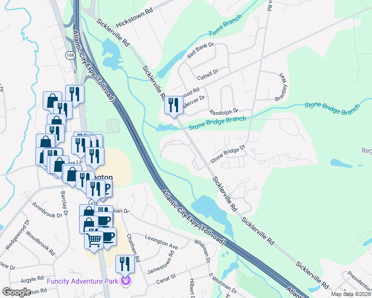 map of restaurants, bars, coffee shops, grocery stores, and more near 1501 Beacon Hill Drive in Sicklerville