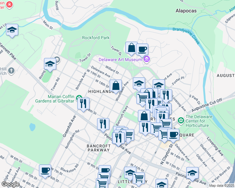 map of restaurants, bars, coffee shops, grocery stores, and more near 2304 West 18th Street in Wilmington