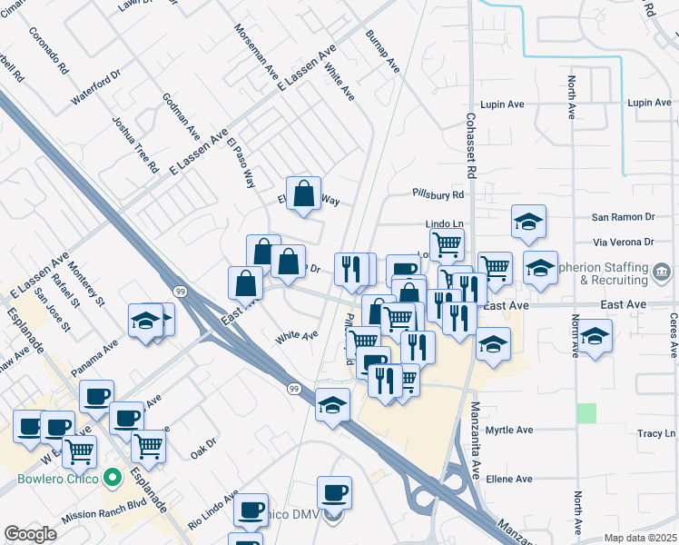 map of restaurants, bars, coffee shops, grocery stores, and more near 2532 White Avenue in Chico
