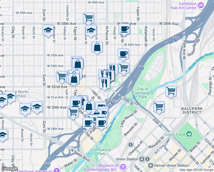 map of restaurants, bars, coffee shops, grocery stores, and more near 2617 North Pecos Street in Denver
