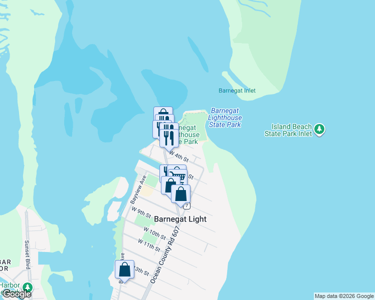 map of restaurants, bars, coffee shops, grocery stores, and more near 16 West 3rd Street in Barnegat Light