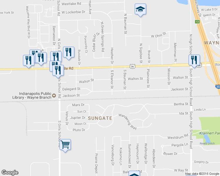 map of restaurants, bars, coffee shops, grocery stores, and more near 150 South Eleanor Street in Indianapolis