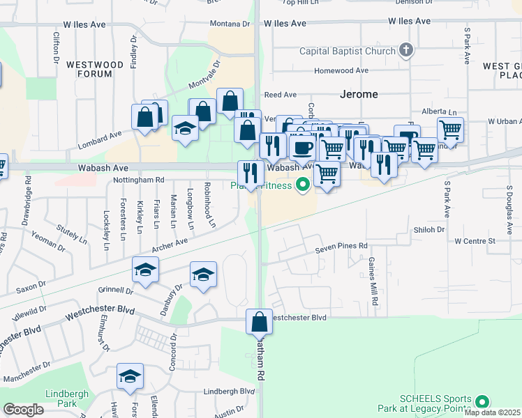 map of restaurants, bars, coffee shops, grocery stores, and more near 3178 Chatham Road in Springfield