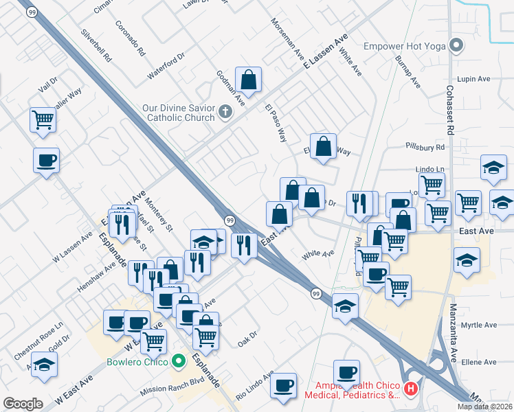 map of restaurants, bars, coffee shops, grocery stores, and more near 483 Panama Avenue in Chico