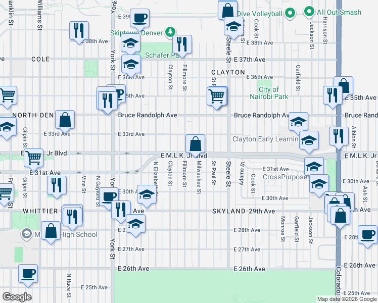 map of restaurants, bars, coffee shops, grocery stores, and more near 3200 Fillmore Street in Denver