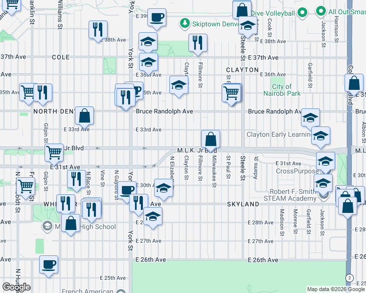 map of restaurants, bars, coffee shops, grocery stores, and more near 3201 Clayton Street in Denver