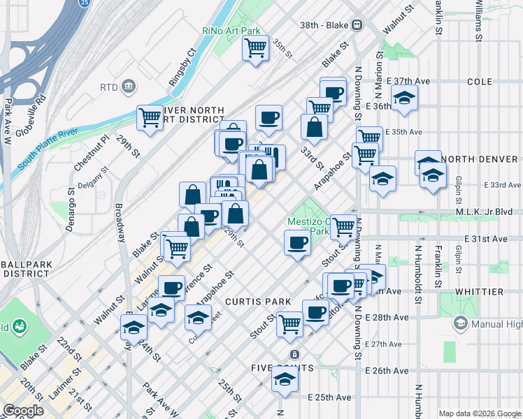 map of restaurants, bars, coffee shops, grocery stores, and more near 3025 Lawrence Street in Denver
