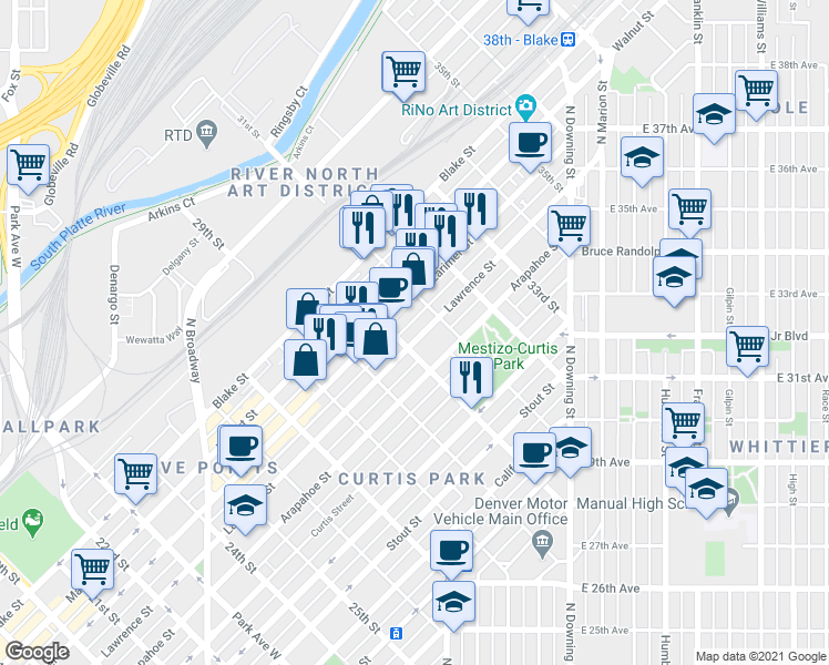 map of restaurants, bars, coffee shops, grocery stores, and more near 3025 Lawrence Street in Denver