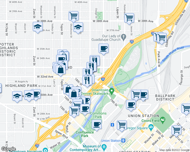 map of restaurants, bars, coffee shops, grocery stores, and more near 3101 Osage Street in Denver