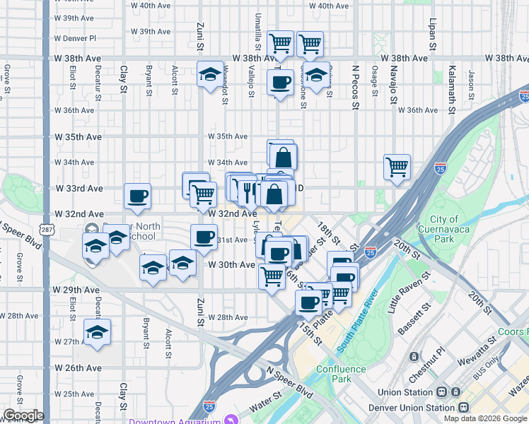 map of restaurants, bars, coffee shops, grocery stores, and more near in Denver
