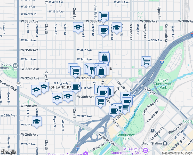 map of restaurants, bars, coffee shops, grocery stores, and more near in Denver