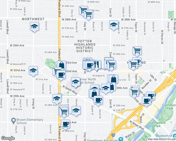 map of restaurants, bars, coffee shops, grocery stores, and more near 2620 West 32nd Avenue in Denver