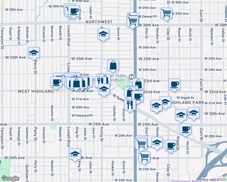 map of restaurants, bars, coffee shops, grocery stores, and more near 3178 Speer Boulevard in Denver