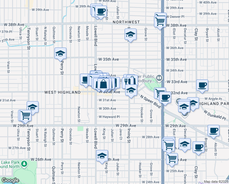map of restaurants, bars, coffee shops, grocery stores, and more near 3405 West 32nd Avenue in Denver