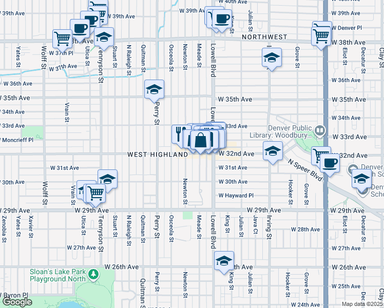 map of restaurants, bars, coffee shops, grocery stores, and more near 3714 West 32nd Avenue in Denver