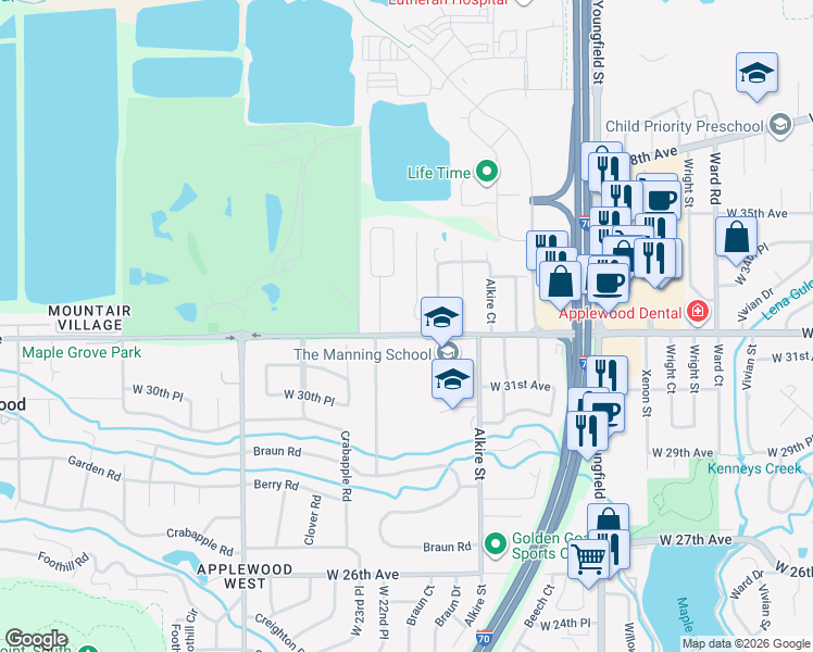 map of restaurants, bars, coffee shops, grocery stores, and more near 3215 Beech Court in Golden