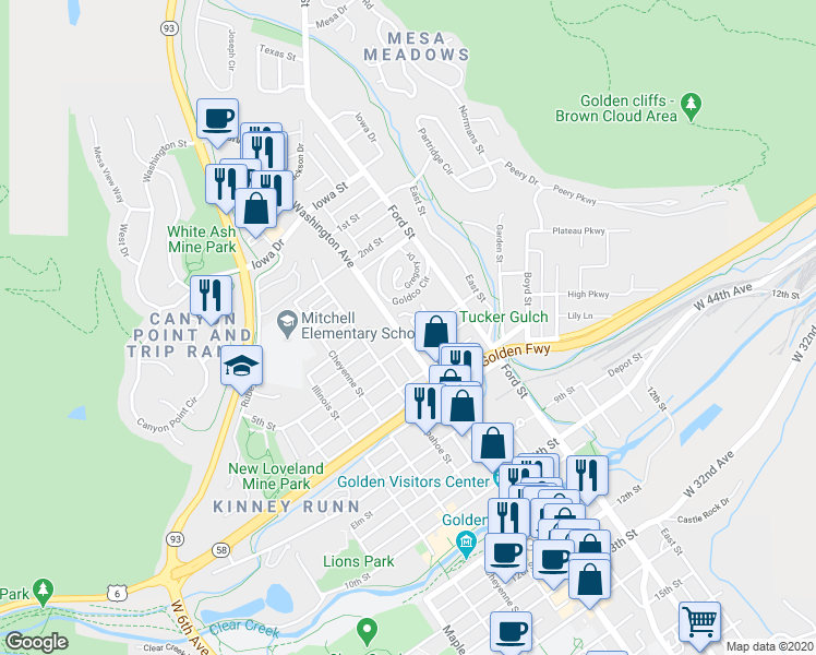 map of restaurants, bars, coffee shops, grocery stores, and more near 708 5th Street in Golden