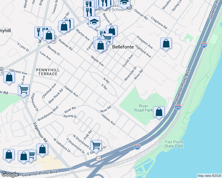 map of restaurants, bars, coffee shops, grocery stores, and more near 204 South Road in Wilmington