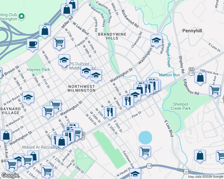 map of restaurants, bars, coffee shops, grocery stores, and more near 206 West 38th Street in Wilmington