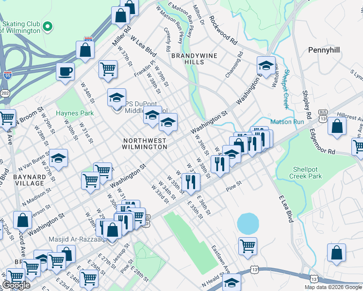map of restaurants, bars, coffee shops, grocery stores, and more near 3622 Washington Street in Wilmington