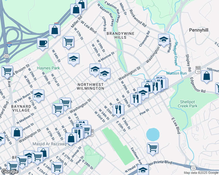 map of restaurants, bars, coffee shops, grocery stores, and more near 3622 Washington Street in Wilmington