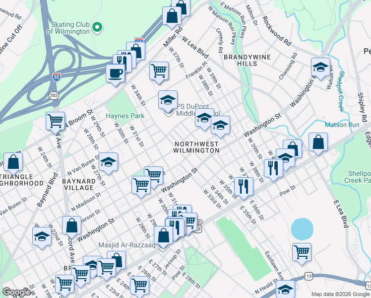 map of restaurants, bars, coffee shops, grocery stores, and more near 3407 North Jefferson Street in Wilmington