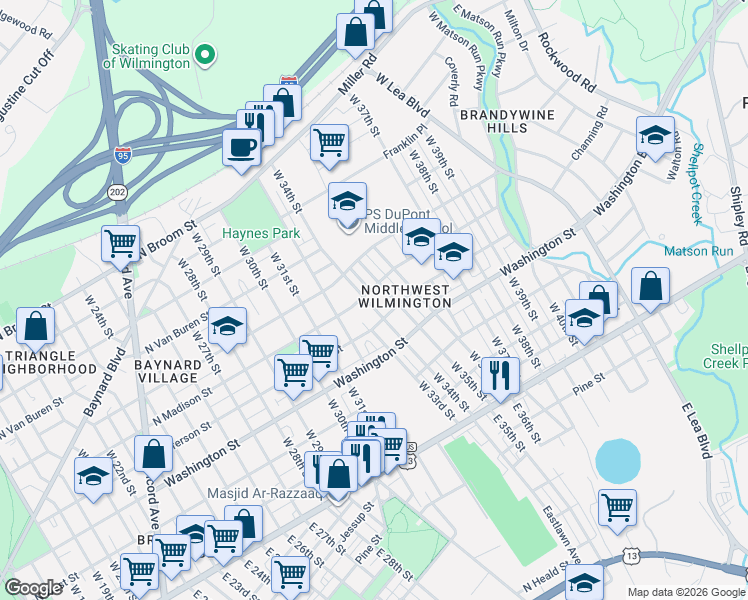 map of restaurants, bars, coffee shops, grocery stores, and more near 3310 North Madison Street in Wilmington