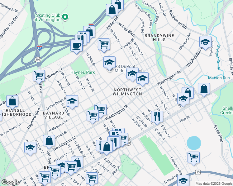 map of restaurants, bars, coffee shops, grocery stores, and more near 3310 North Madison Street in Wilmington