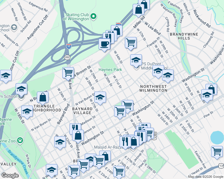 map of restaurants, bars, coffee shops, grocery stores, and more near 2910 North Van Buren Street in Wilmington