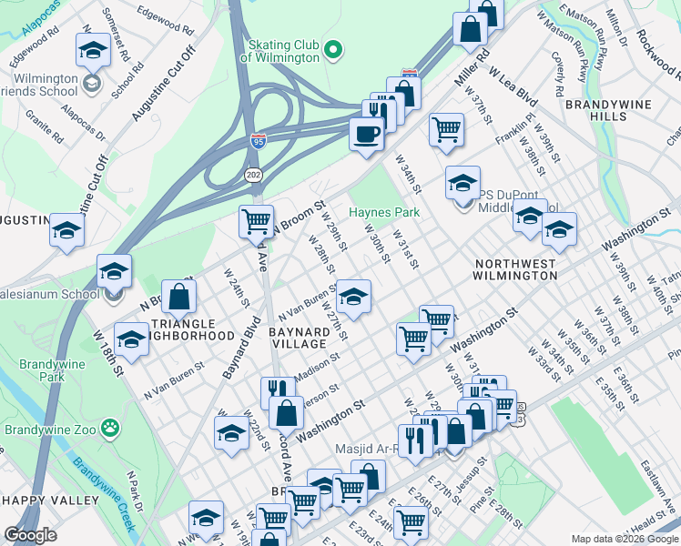 map of restaurants, bars, coffee shops, grocery stores, and more near 2801 North Van Buren Street in Wilmington