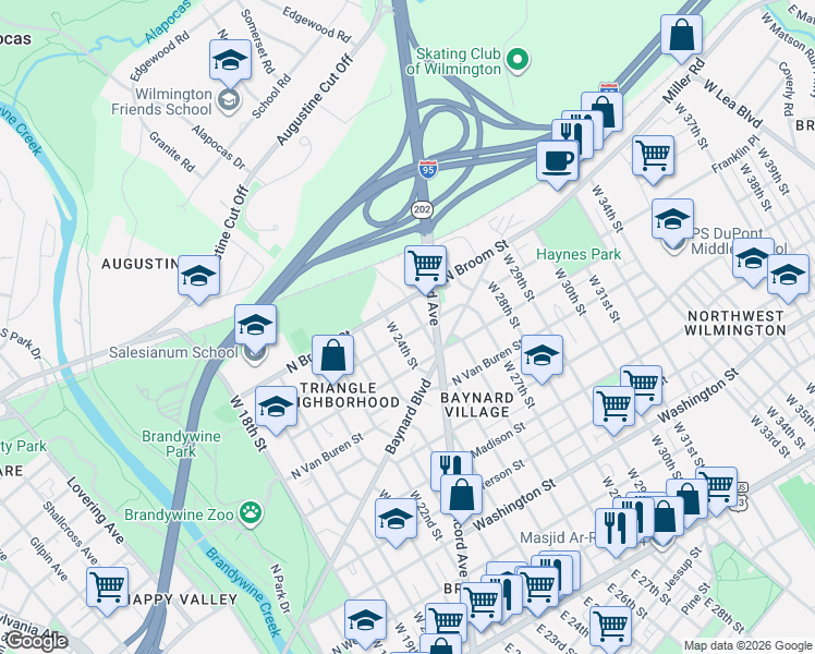 map of restaurants, bars, coffee shops, grocery stores, and more near 810 West 25th Street in Wilmington