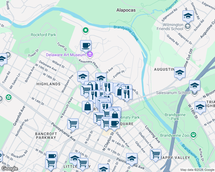 map of restaurants, bars, coffee shops, grocery stores, and more near 1916 North Union Street in Wilmington