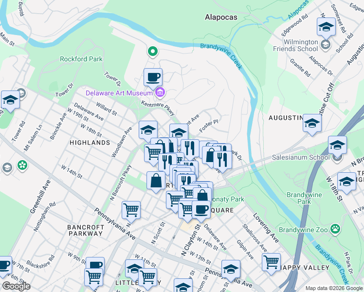 map of restaurants, bars, coffee shops, grocery stores, and more near 1916 North Union Street in Wilmington