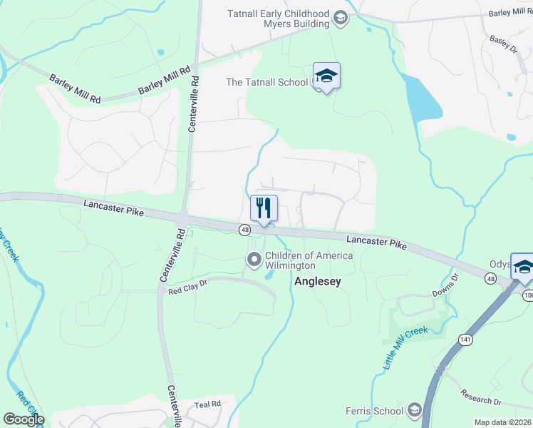 map of restaurants, bars, coffee shops, grocery stores, and more near 4919 Lancaster Pike in Wilmington
