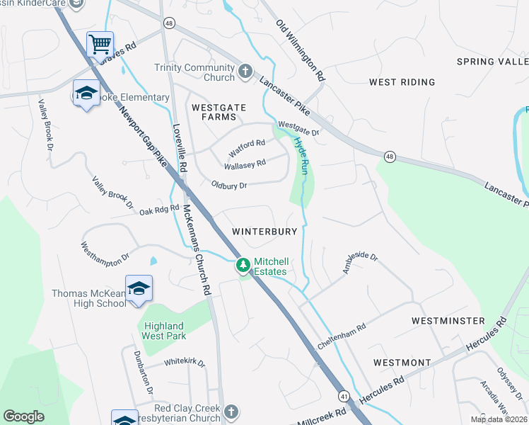 map of restaurants, bars, coffee shops, grocery stores, and more near 26 Winterbury Circle in Wilmington