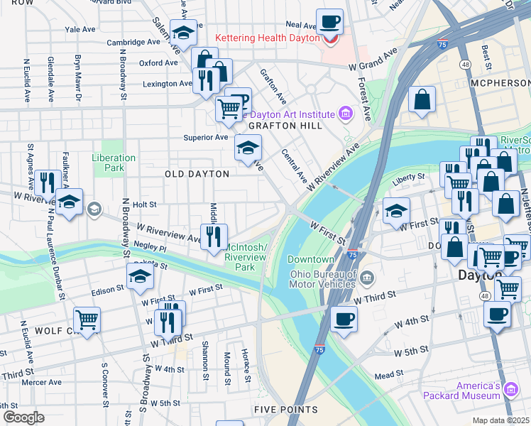 map of restaurants, bars, coffee shops, grocery stores, and more near 849 Riverview Terrace in Dayton