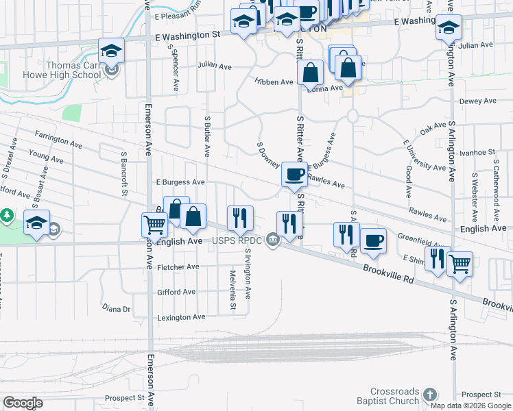 map of restaurants, bars, coffee shops, grocery stores, and more near 5417 East Burgess Avenue in Indianapolis