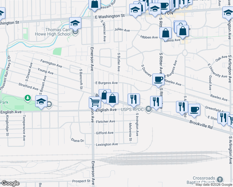 map of restaurants, bars, coffee shops, grocery stores, and more near 420 South Butler Avenue in Indianapolis