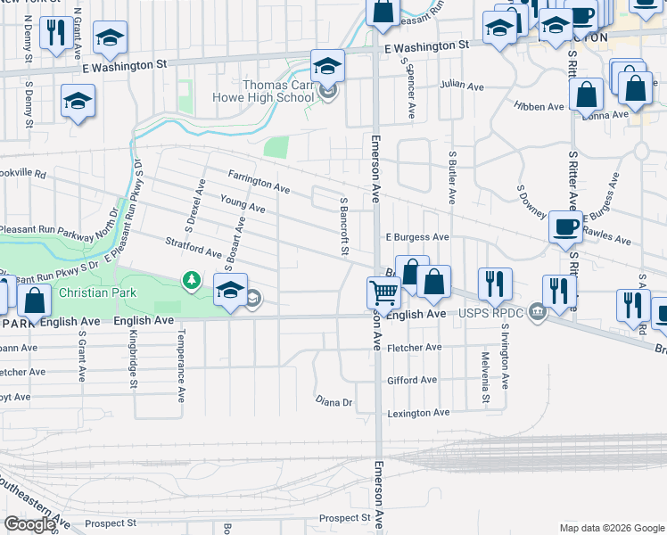 map of restaurants, bars, coffee shops, grocery stores, and more near 4999 South Brookville Road in Indianapolis